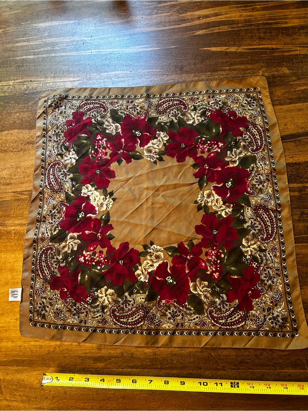 Gap 1990’s Floral Red and Mocha Brown 100% Silk Square Scarf - Hair Neck